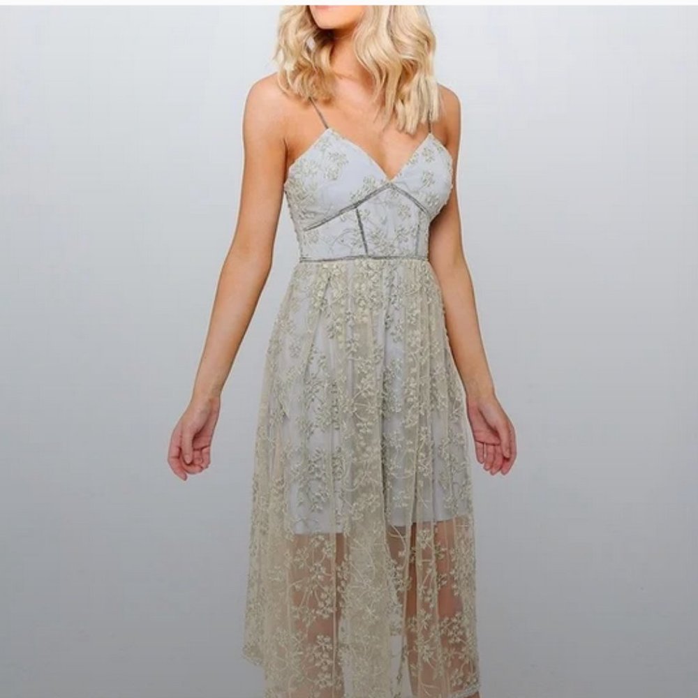 NWT Self-Portrait Gold & Blue Floral Embroidered Mesh Corseted Dress